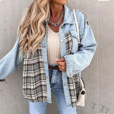 Women's Jacket Denim Jacket Long Sleeve Plaid Button Down Shirt Jacket Top
