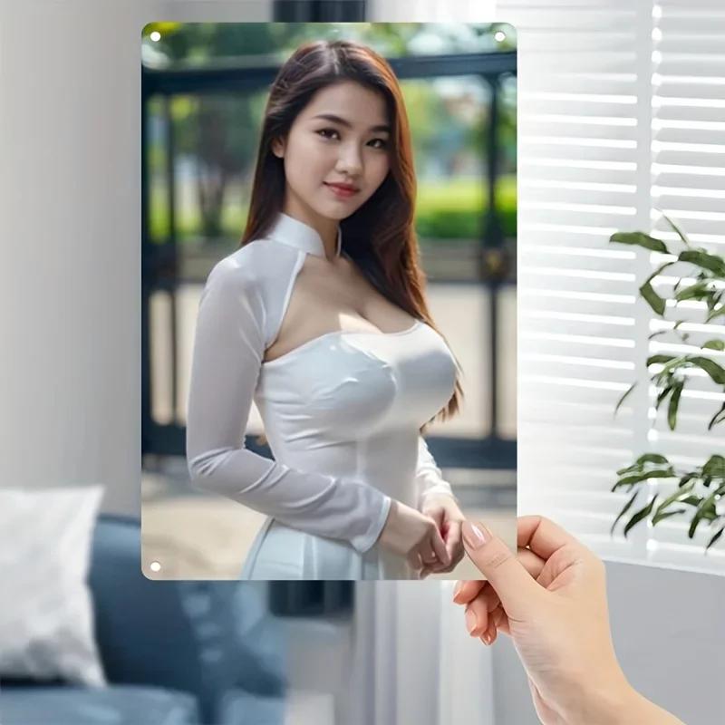 Vintage Metal Wall Art Sign Elegant Woman In White Attire Durable Iron Home Decor