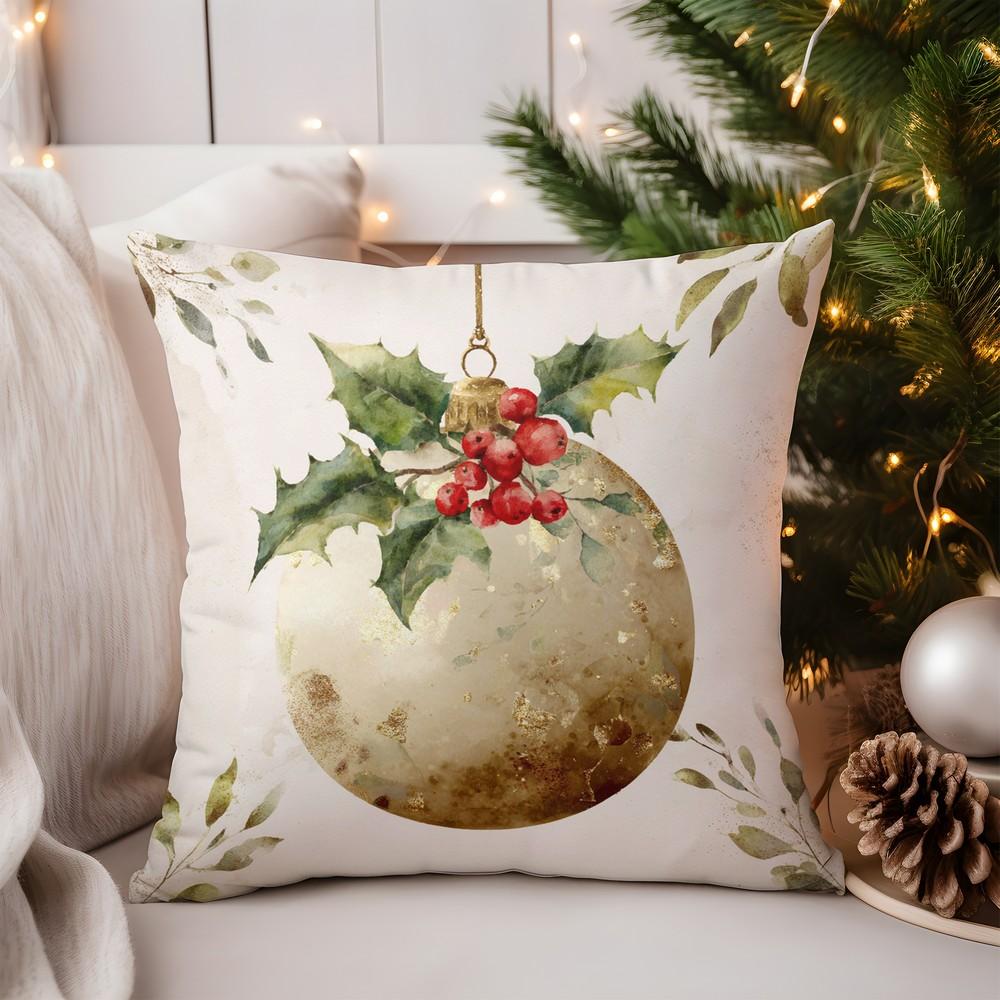 Home Decor Christmas Pine Branch & Ornament Pillow Pattern Cushion Cover Suitable for Sofa Bedroom Car Pillow Cover
