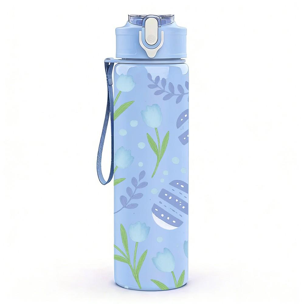 1PC Blue Lavender Floral Seamless Pattern Print 750ml Color Plastic Sports Water Bottle Leakproof Flip Straw Lid Suitable for Sports Office Home Use