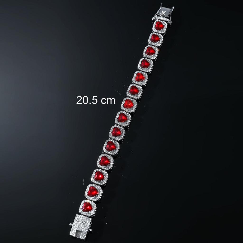 European & American Men's Bold Full Diamond Red Peach Heart Cuban Chain Bracelet - Nightclub Trend Jewelry