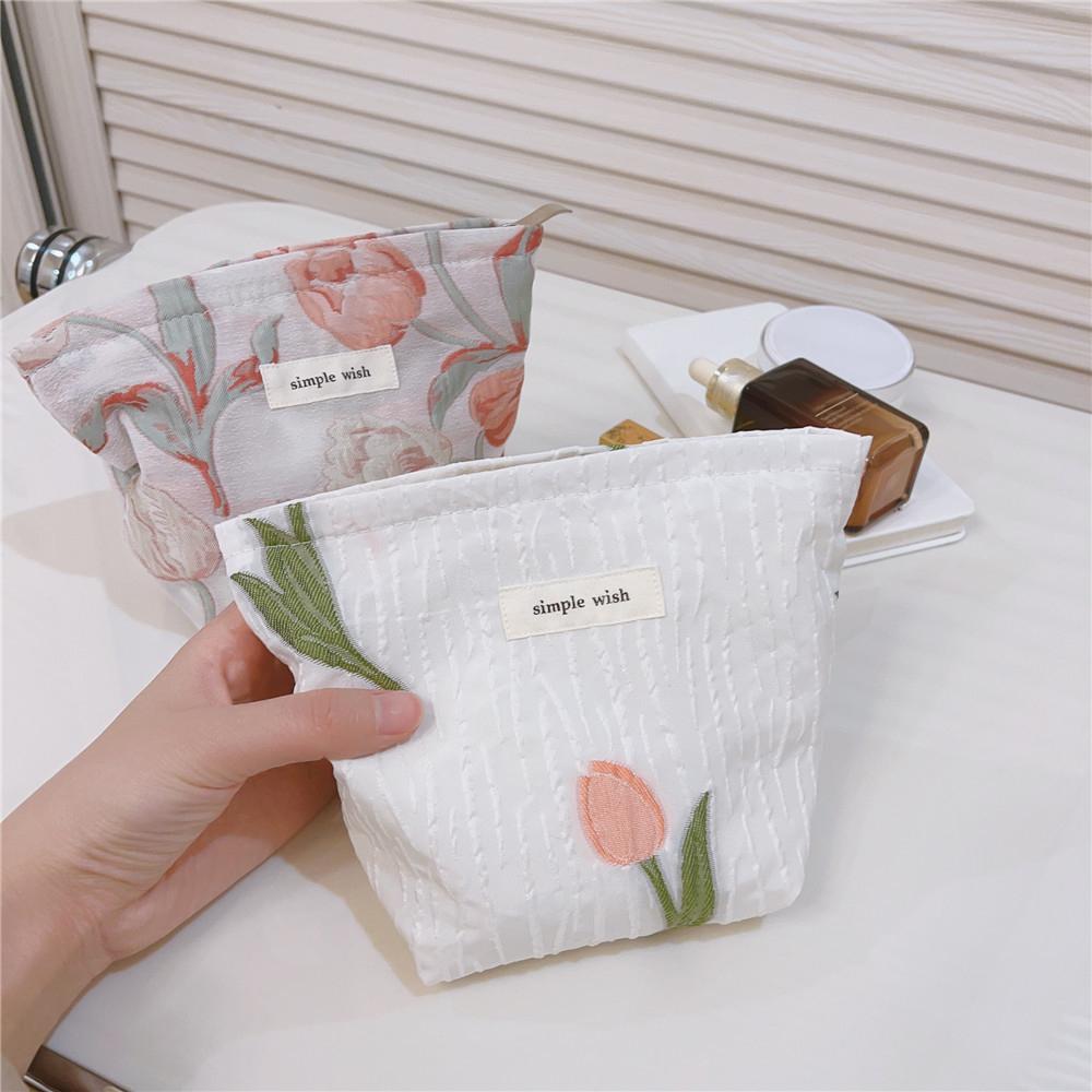 Tulip Pattern Mini Makeup Bag Canvas Portable Zipper Purse Cosmetic Pouch Storage Bag for Traveling,Swimming