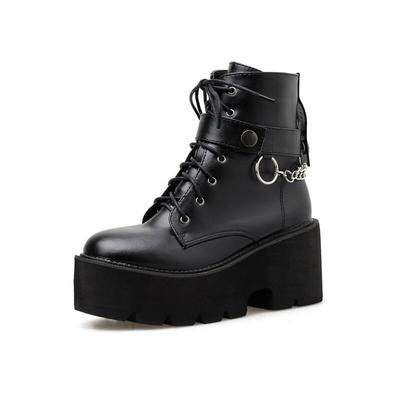 New Sexy Chain Women Leather Autumn Boots Block Heel Gothic Black Punk Style Platform Shoes Female Footwear High Quality