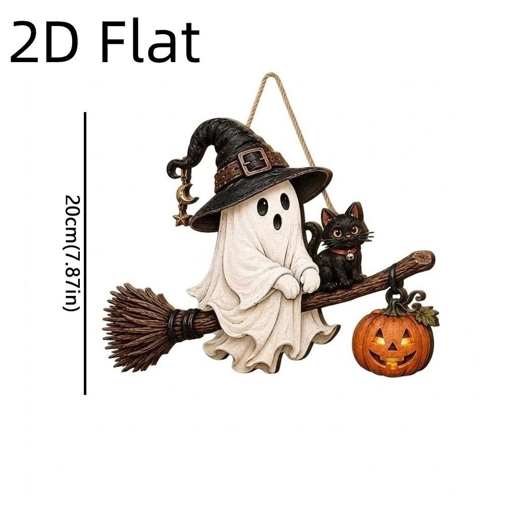 2D Flat Halloween Wooden Ghost Door Hanger Gothic Broom Ghost Hanging Wall Plaque Front Door