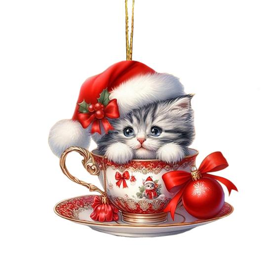 Acrylic Teacup Cat Hanging Ornaments Cute Cartoon Cat Christmas Ornament 2D