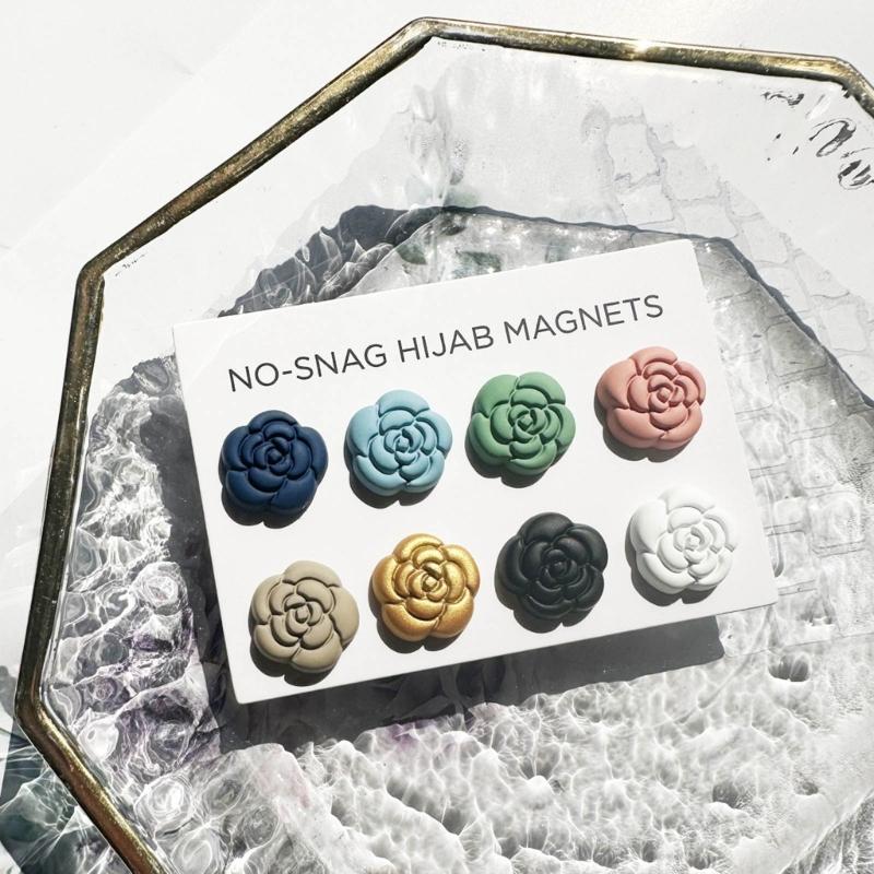 8 párů magnetických špendlíků na hidžáb Barevná brož ve tvaru kamélie Univerzální spona na šátek Šperky Elegantní klipy pro šátky
