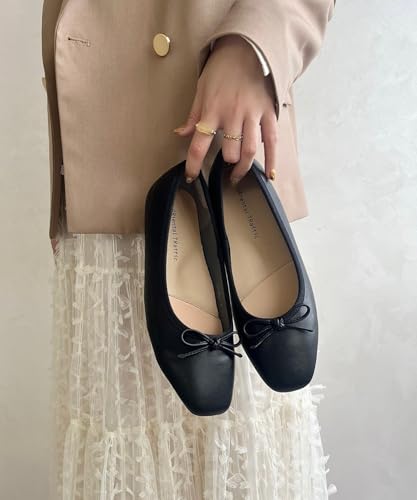 Oriental Traffic R-3208 Women's Ballet Flats, Jump Pumps, Plus and Petite Sizes, Soft Flats, Round Toe, Ribbon, Cushioned, Smooth Black, Size 24.0 cm
