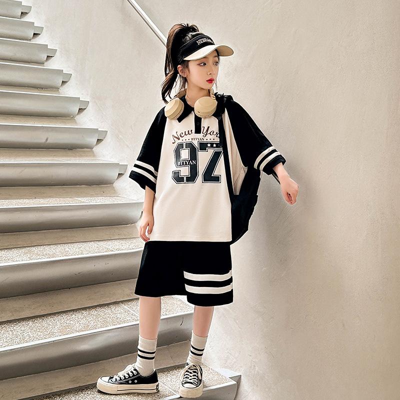 Zomer Casual Meisjes Contrast Gestreept Preppy T-shirt Tops+Korte Broek Sets Schoolkinderen Trainingspak Kind 2 Delig Outfit 5-16 Jaar