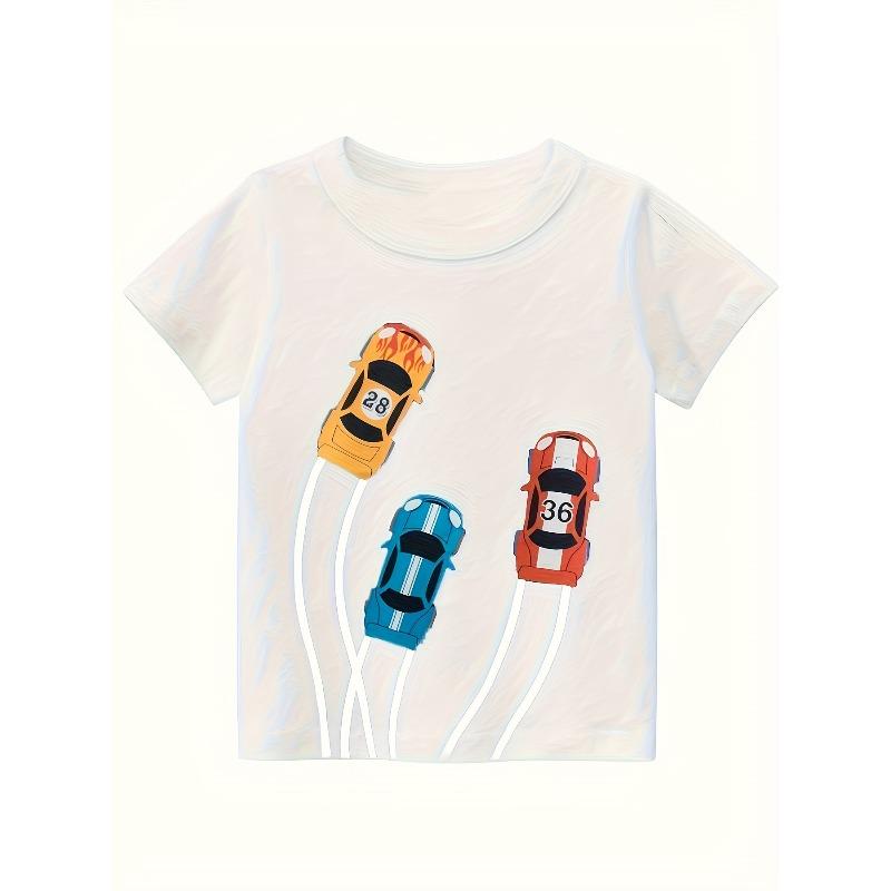 European Sizes Youth Black Short Sleeve Racing Graphic T-Shirt - Casual Crew Neck, Breathable & Comfortable for Outdoor Play
