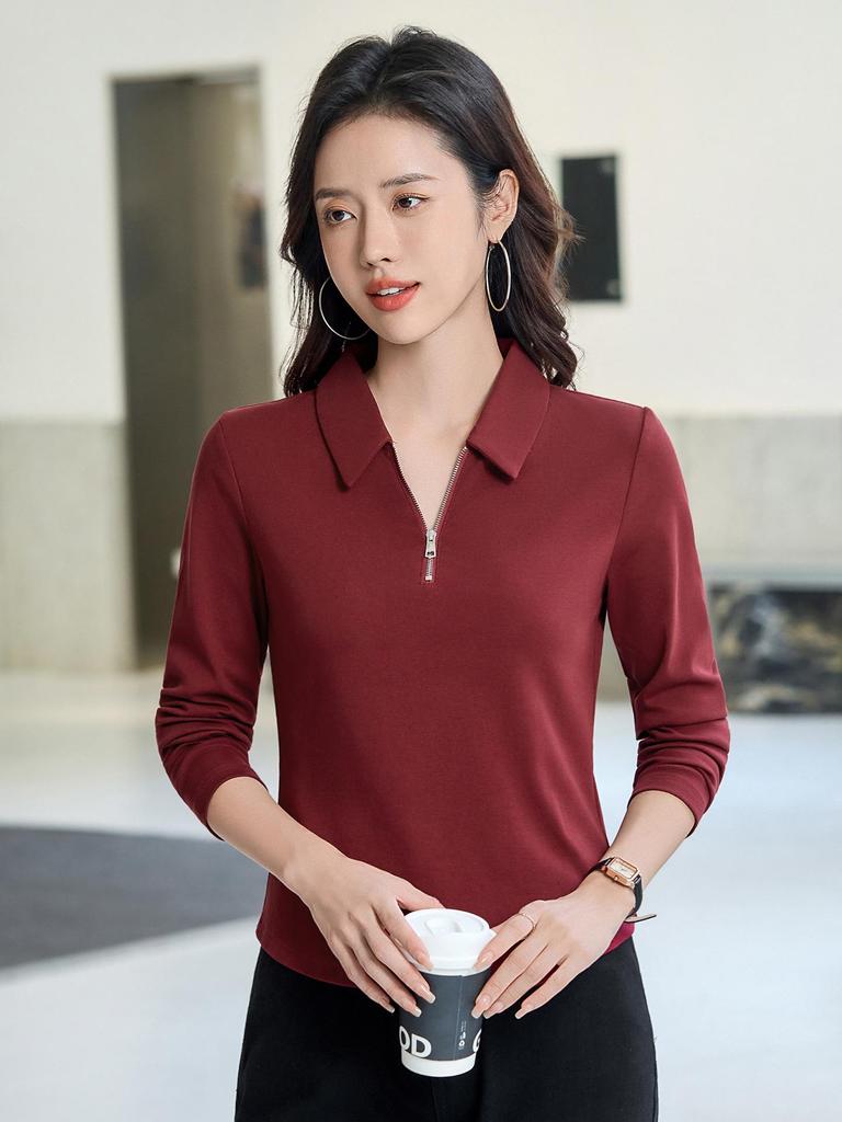 2025 Damen Slim Fit Langarm Polo-Kragen T-Shirt - Einfarbiges Base Layer für Frühling und Herbst