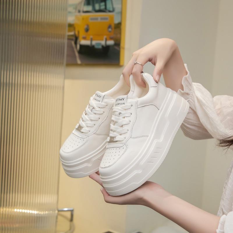 Leather Platform White Shoes Women's Spring and Autumn New Women's Shoes Heightening Muffin Casual Board Shoes