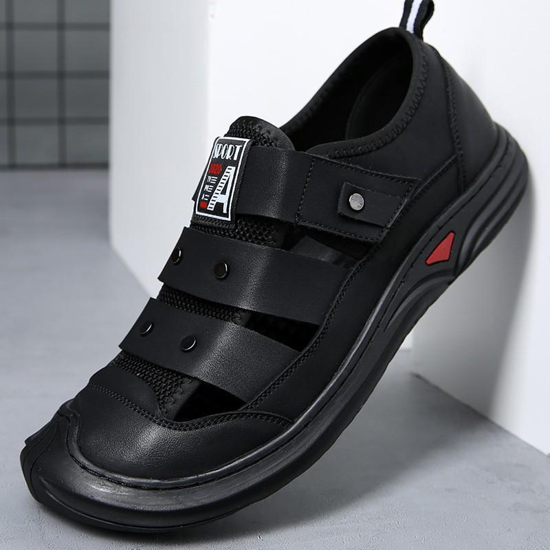 Mens Genuine Leather Breathable Dress Sandals Slip-On Business Casual Shoes With Rubber Sole