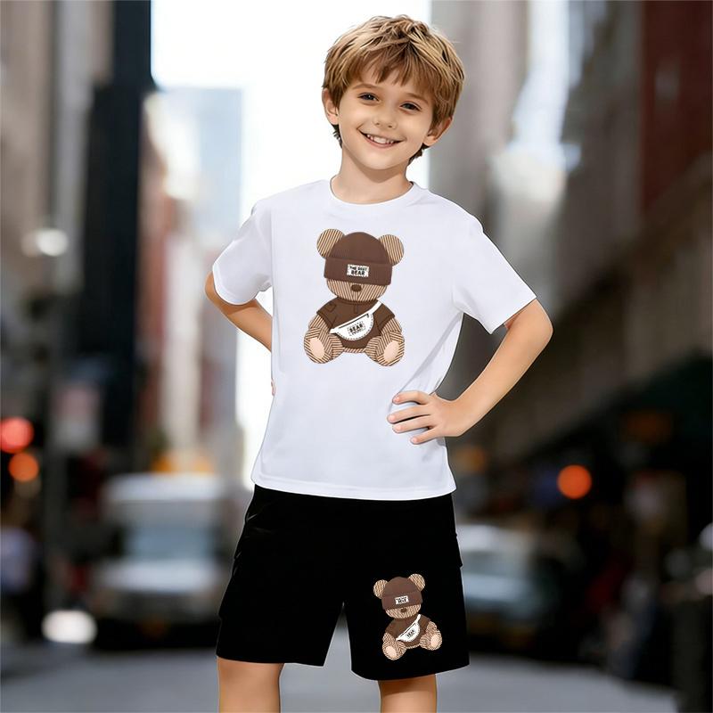 

Boys 2 Piece Cute Teddy Bear Pattern Print Outfit, Short Sleeve T-Shirt and Shorts Set for Kids Age 5-14, Black and White Sporty Casual Summer Clothes 13-14 Years білий