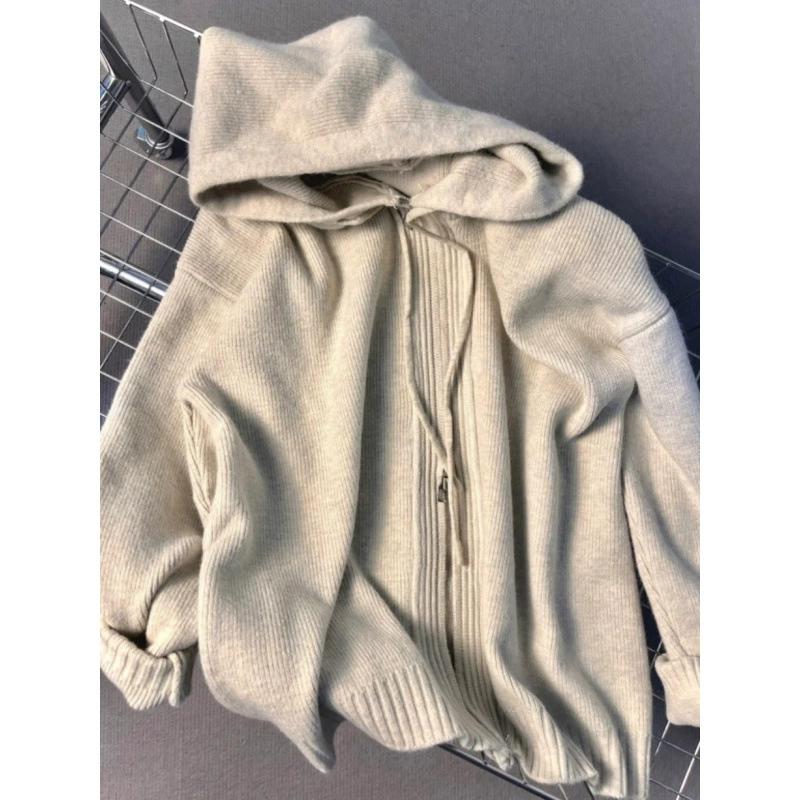 Hooded Sweater Jacket for Women, Loose Fit for Spring, Autumn, Winter, Casual Style, Thick Knit Double Zipper Sweatshirt, Cardigan
