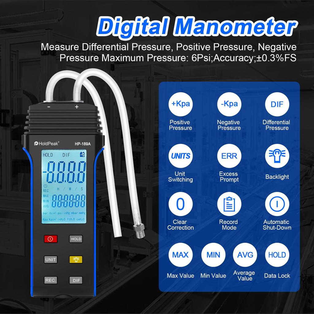 HVAC-Manometer, digitales Gasdruckmessgerät, Differenzdruckmesser, überwacht den Luftstromdruck ± 13,79 kPa/± 2,000 psi