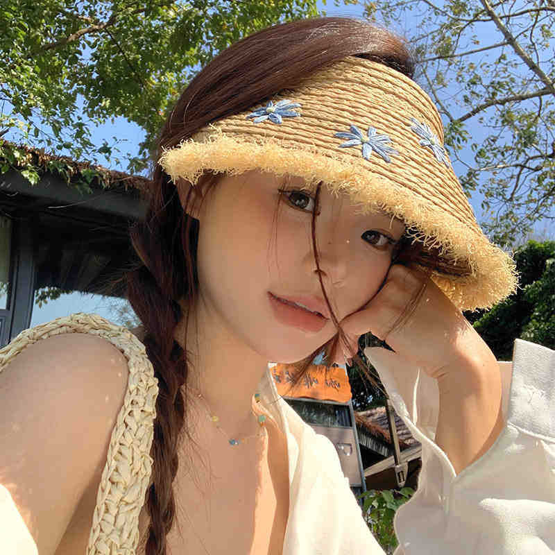 Summer Hat Women's Sun Hat Big Brim Burr Straw Hat Flower Empty Top Sun Hat Premium Sunscreen Hat