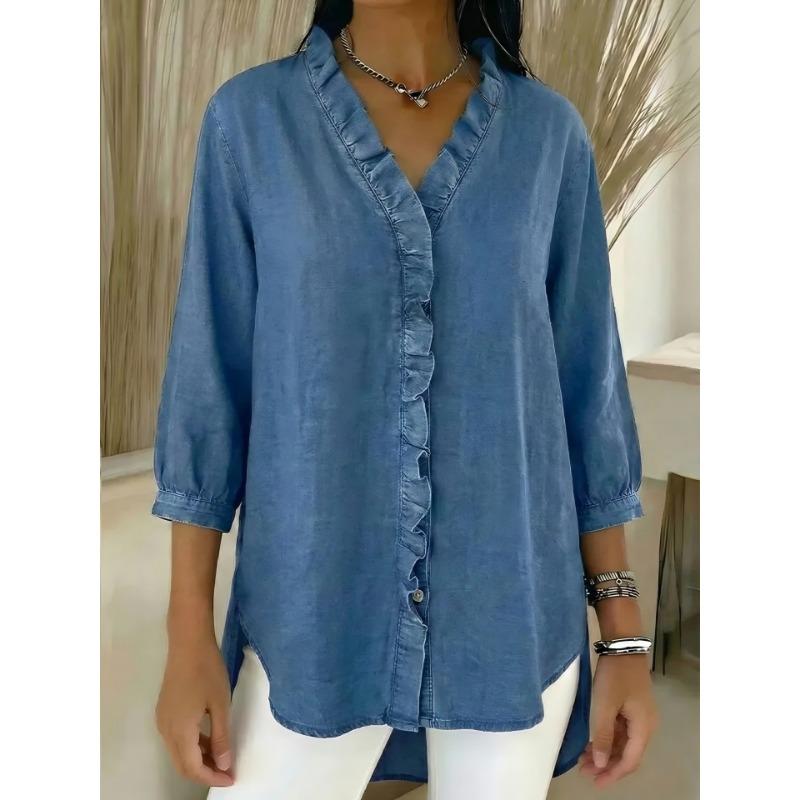 2026 Ladies Casual Imitation Denim V-Neck Ruffle Shirt