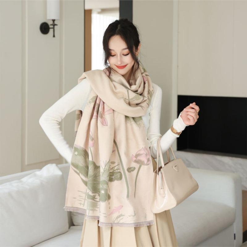 Elegant Lotus Shawl Women's Autumn and Winter New Imitation Cashmere Jacquard Scarf Fashionable and Elegant Warm Thickened Scarf