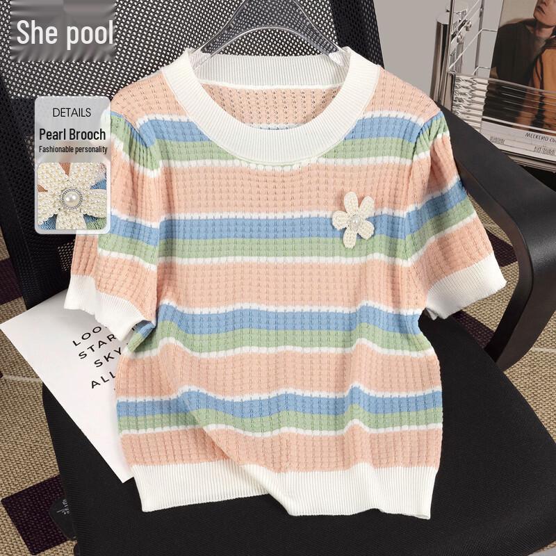 

Women s Macaron Stripe Ice Silk Knit Short Sleeve T-Shirt S