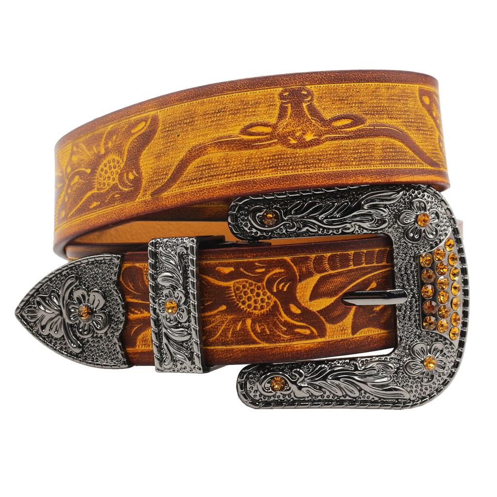 New Rhinestone Carved Retro Individual Men's Belt Ethnic Style Fashionable Women's Top Cowhide Decorative Belt