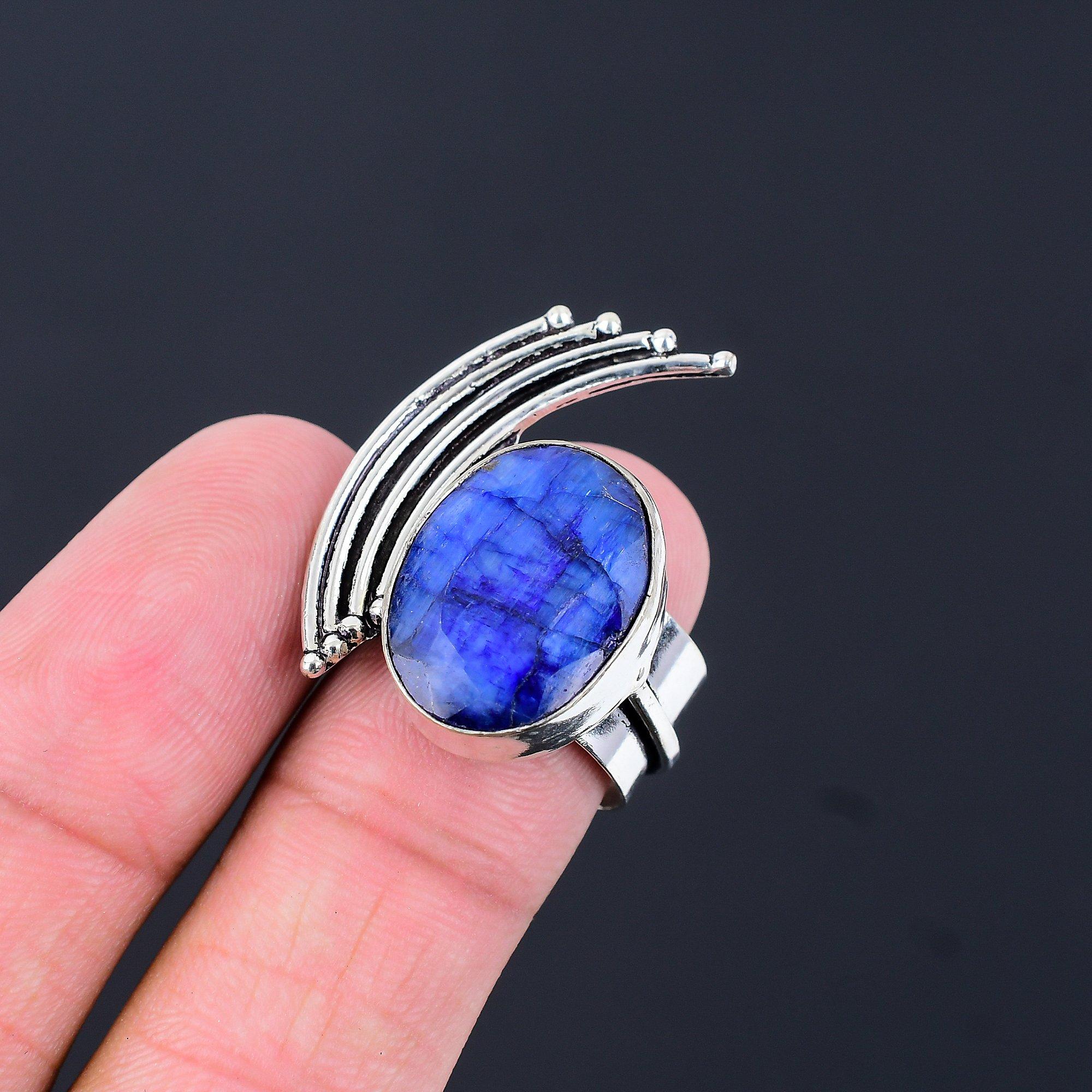 Sterling Silver Blue Sapphire Stone Handcrafted New Statement Trendy Ring Size 9 9