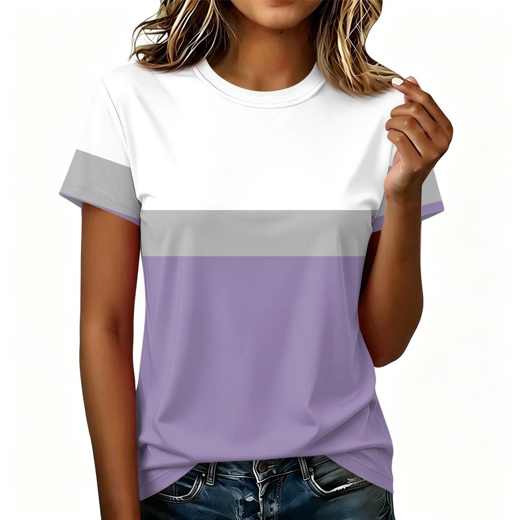 Dames Casual Pullover Korte Mouw T-shirt Kleurblok Bedrukt Top Ronde Hals Lichtgewicht Zachte Stof