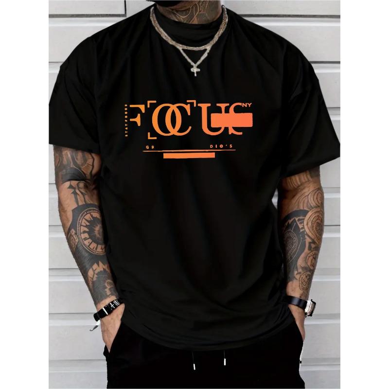 

Men s Casual Graphic T-Shirt with Orange FOCUS Design, Unique Double Circle O , Featuring NY and 01 - 05 Text Elements, Stylish Loose S чёрный