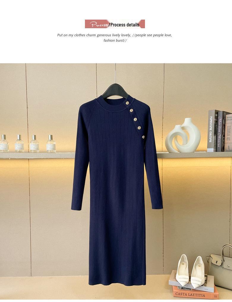 Women's Royal Blue Long-Sleeve Bodycon Wool Knit Dress for Autumn/Winter