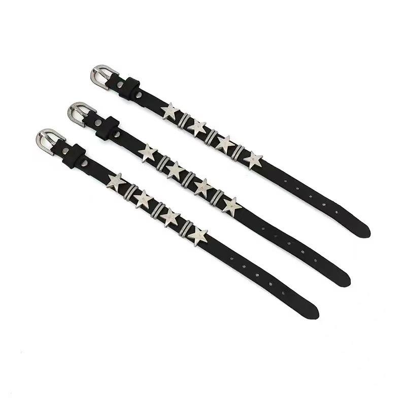 Bracelet Rétro en Cuir de Vache pour Homme - Style Street Punk avec Étoile à Cinq Branches.