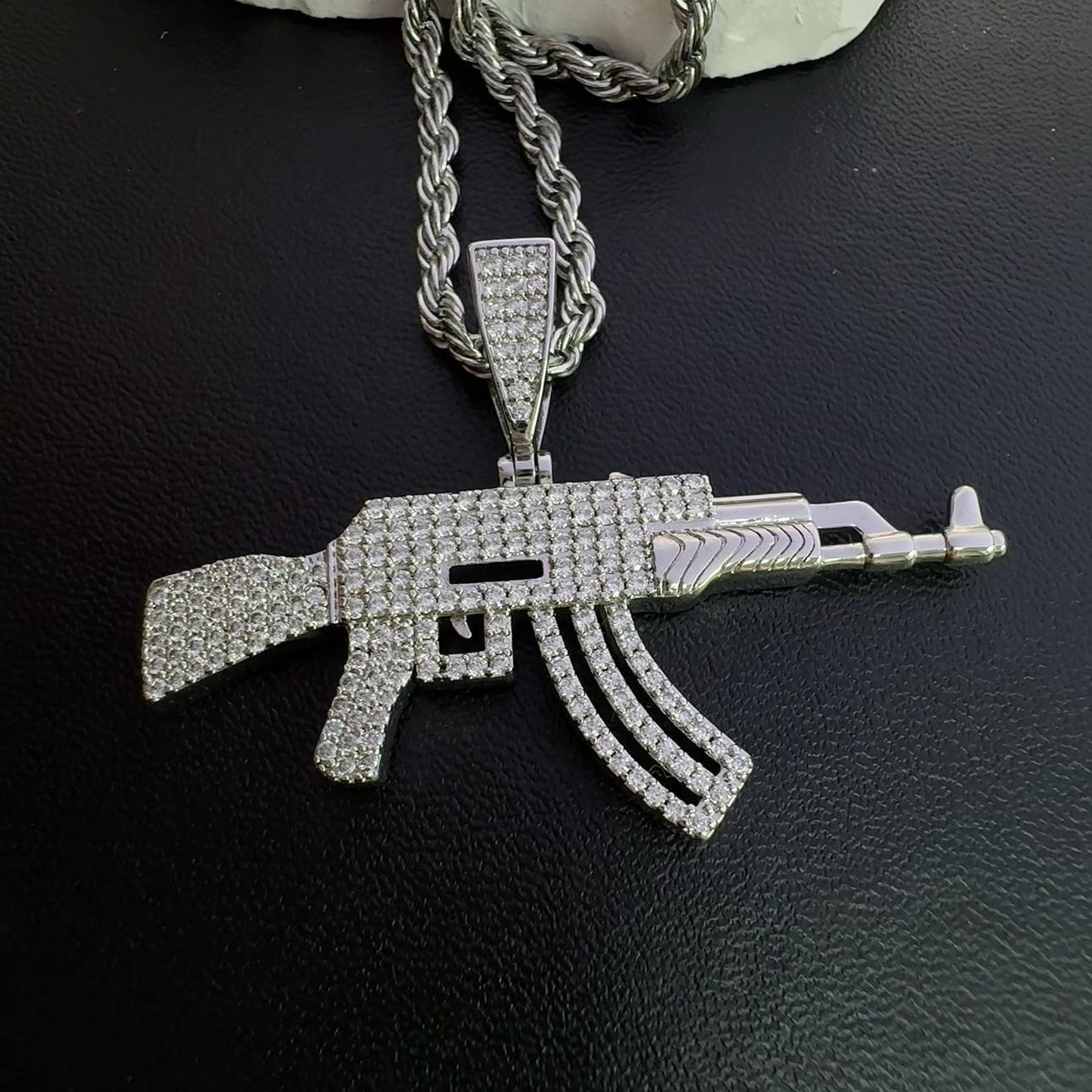 Gun Shaped Iced Out Moissanite Pendant Copper Hip Hop Necklace For Men Women 1.1mm белый