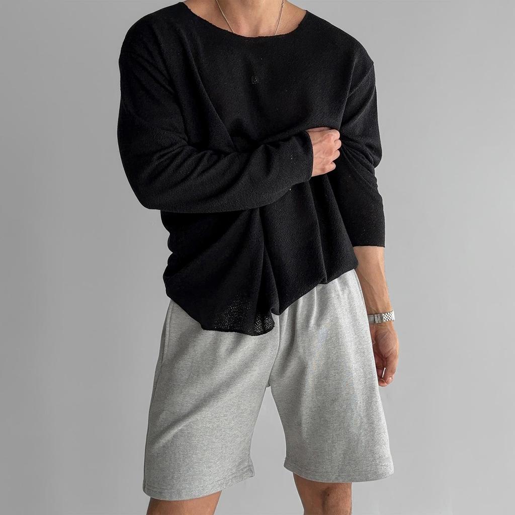 Herren Frühling und Herbst Langarm Stricktops Einfarbig Lässig Bequeme T-Shirts