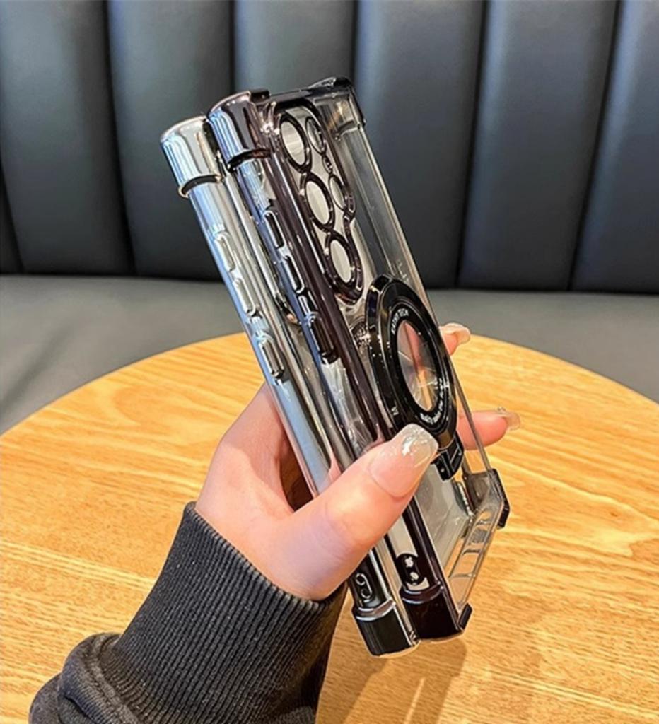 For Samsung S25 S24 S23 Ultra Luxury Holder Stand Plating Frame Transparent Phone Case For Samsung Galaxy S22 Plus A16 A53 Cover