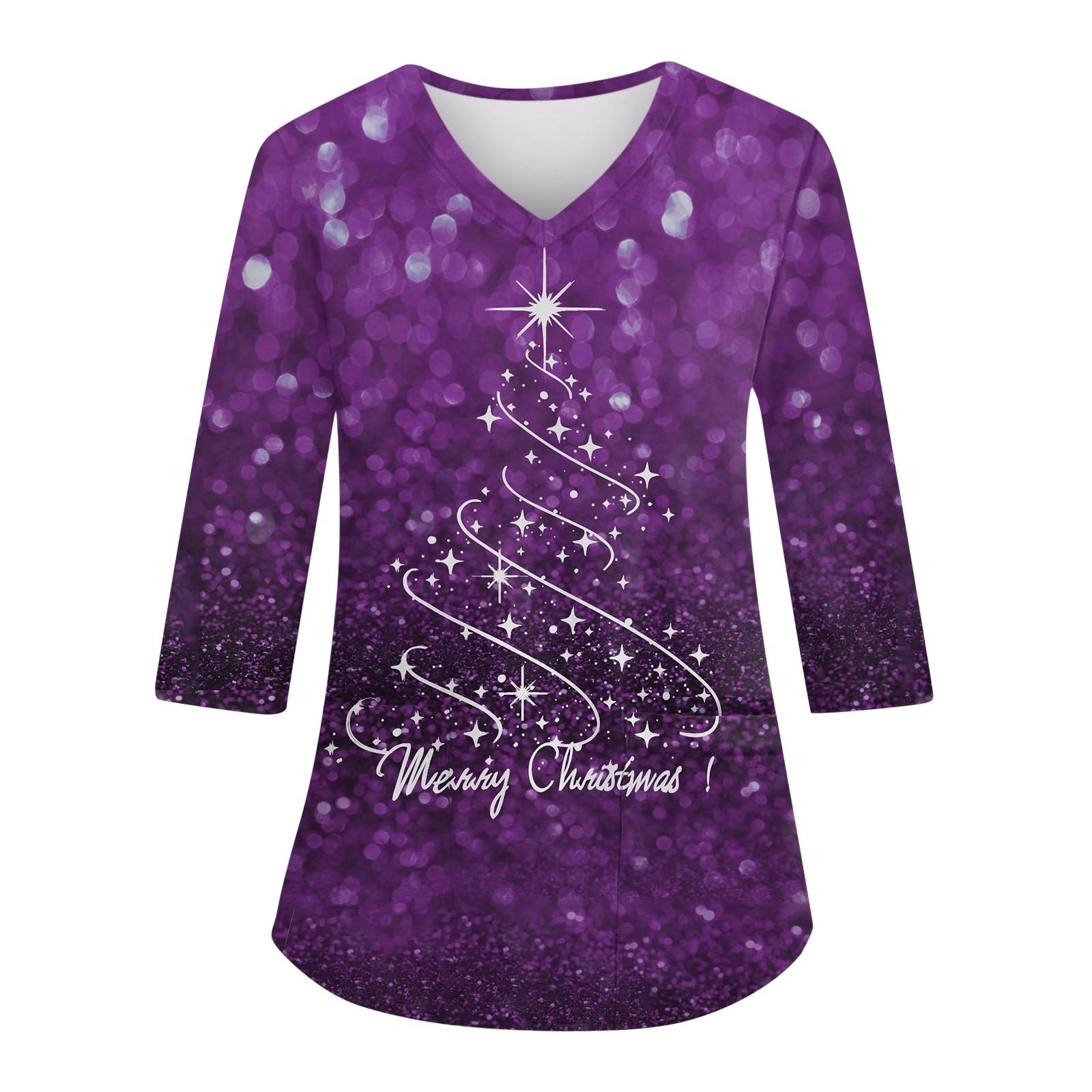 

Женский повседневный рождественский свободный V-образный вырез с карманом и принтом, рукава три четверти XL фиолетовый