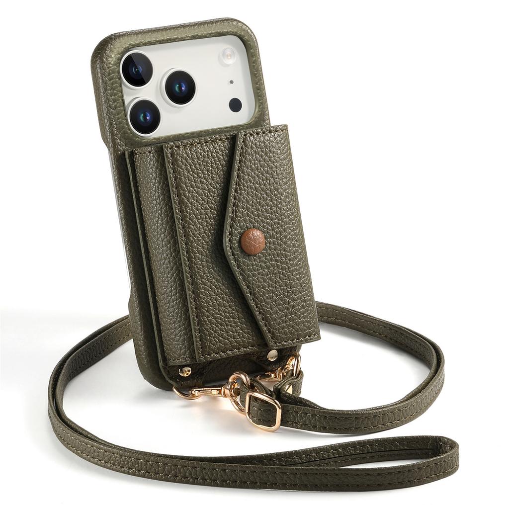 For iPhone 17 Pro Case Card Holder Kickstand PU Leather + PC Phone Cover with Mirror and Crossbody Lanyard