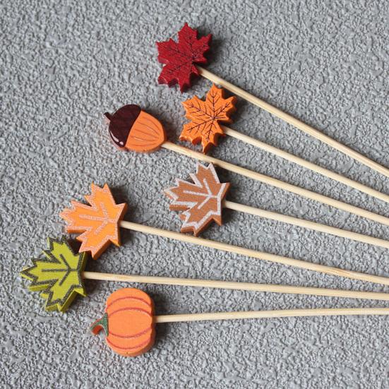100PCS Disposable Cocktail Picks Thanksgiving Themed Bamboo Skewers with Maple Leaves Pumpkins Acorns