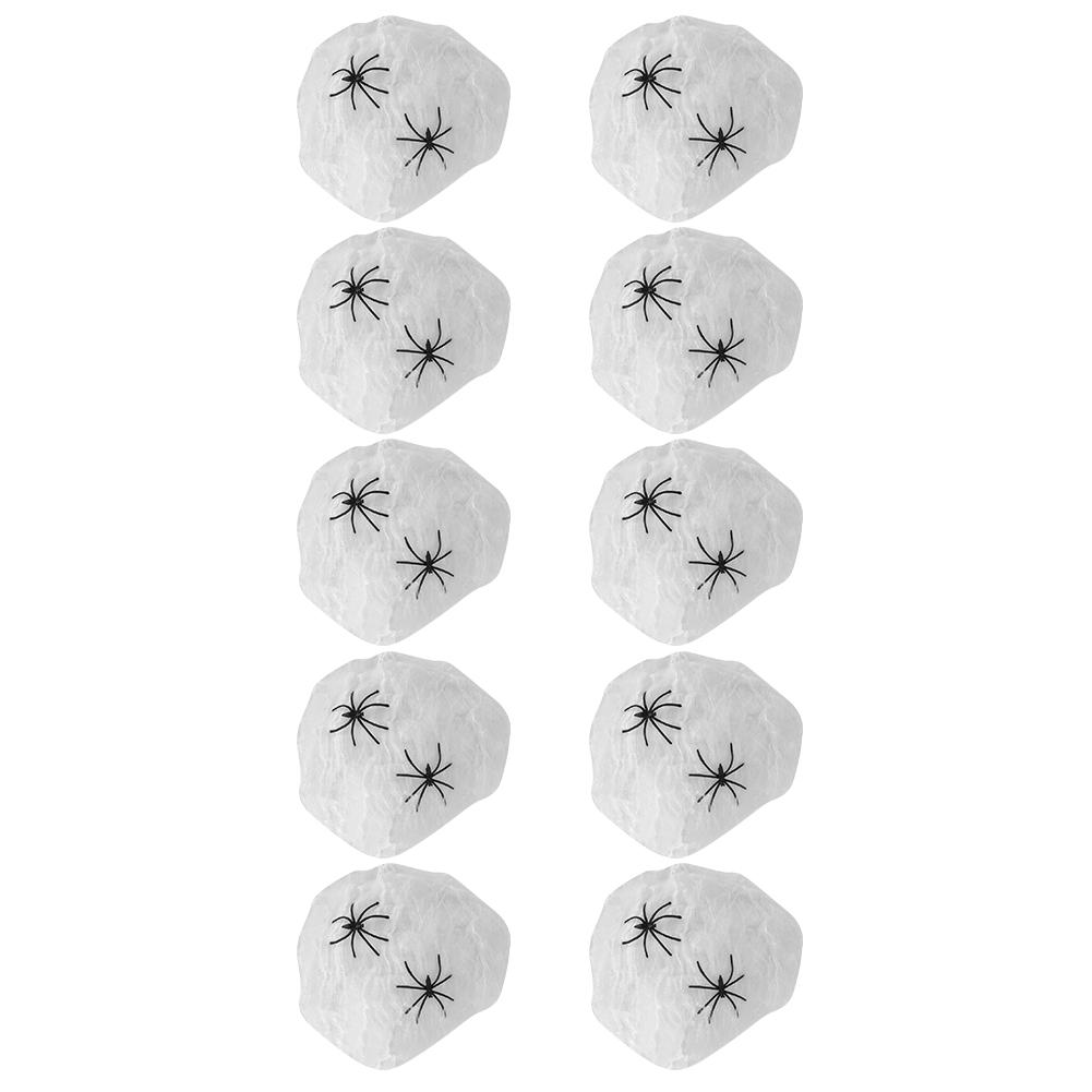 10Bags Spiders Webs Cobweb Halloween Decorations Bar Haunted House KTV Scene Props(White 2 Fake Spiders )