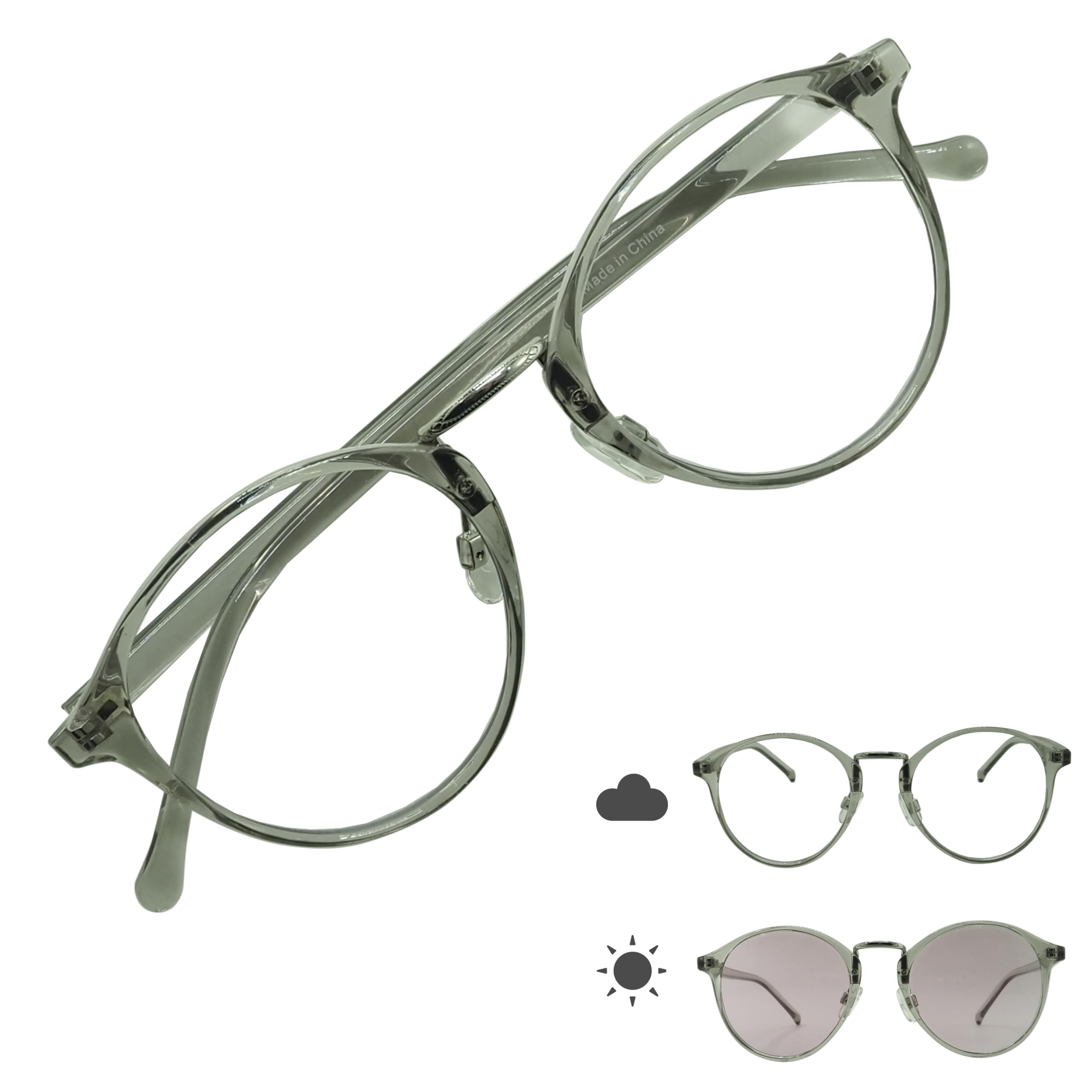 

[OTC.web] 2304CH Photochromic Round Boston Sunglasses, Stylish, UV Protection, Darkens Lens, Combination Cellulose, Round Glasses (C-C GrayPU