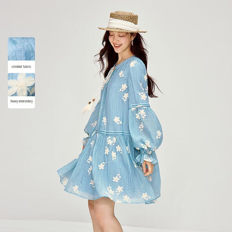 

INMAN Vacation Embroidered Lantern Sleeve Dress S