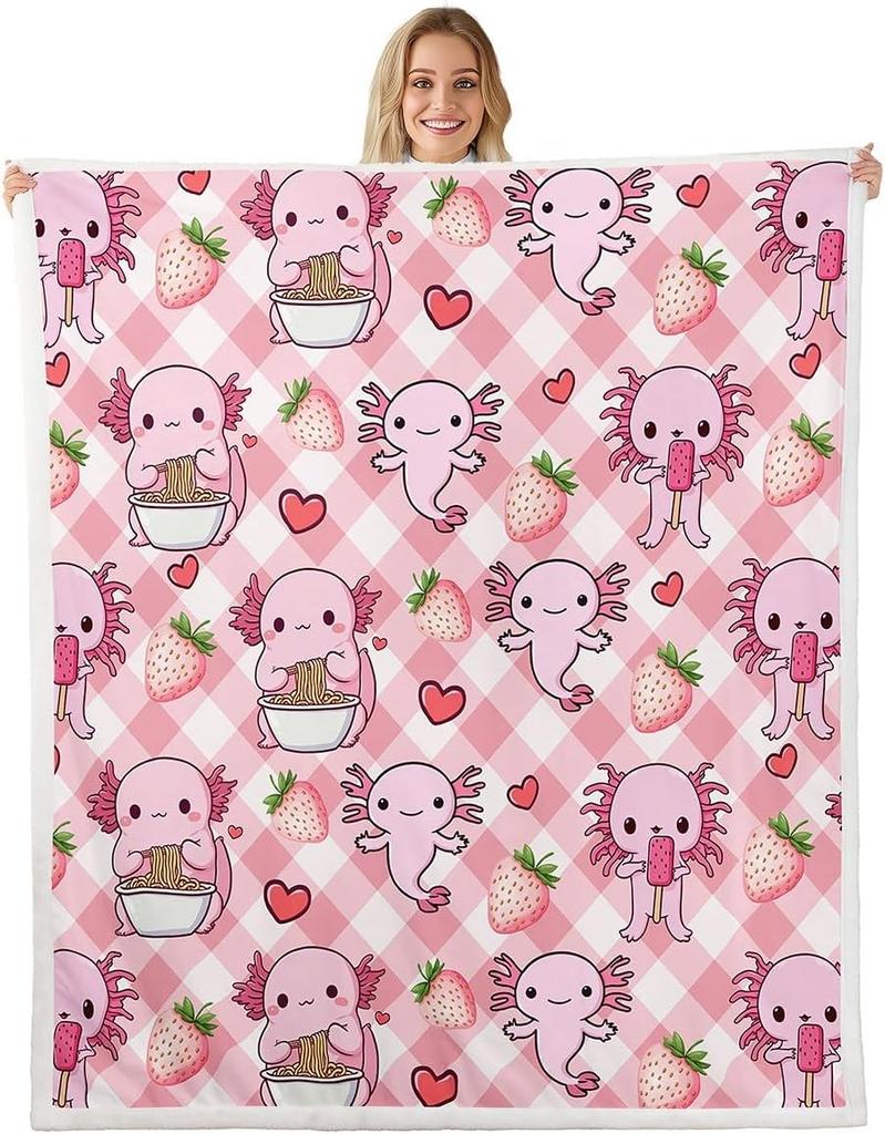 Cute Pink Axolotl Blanket Soft Fleece Throw Cherry Blossom Design Fantasy Art Kids Room Decor