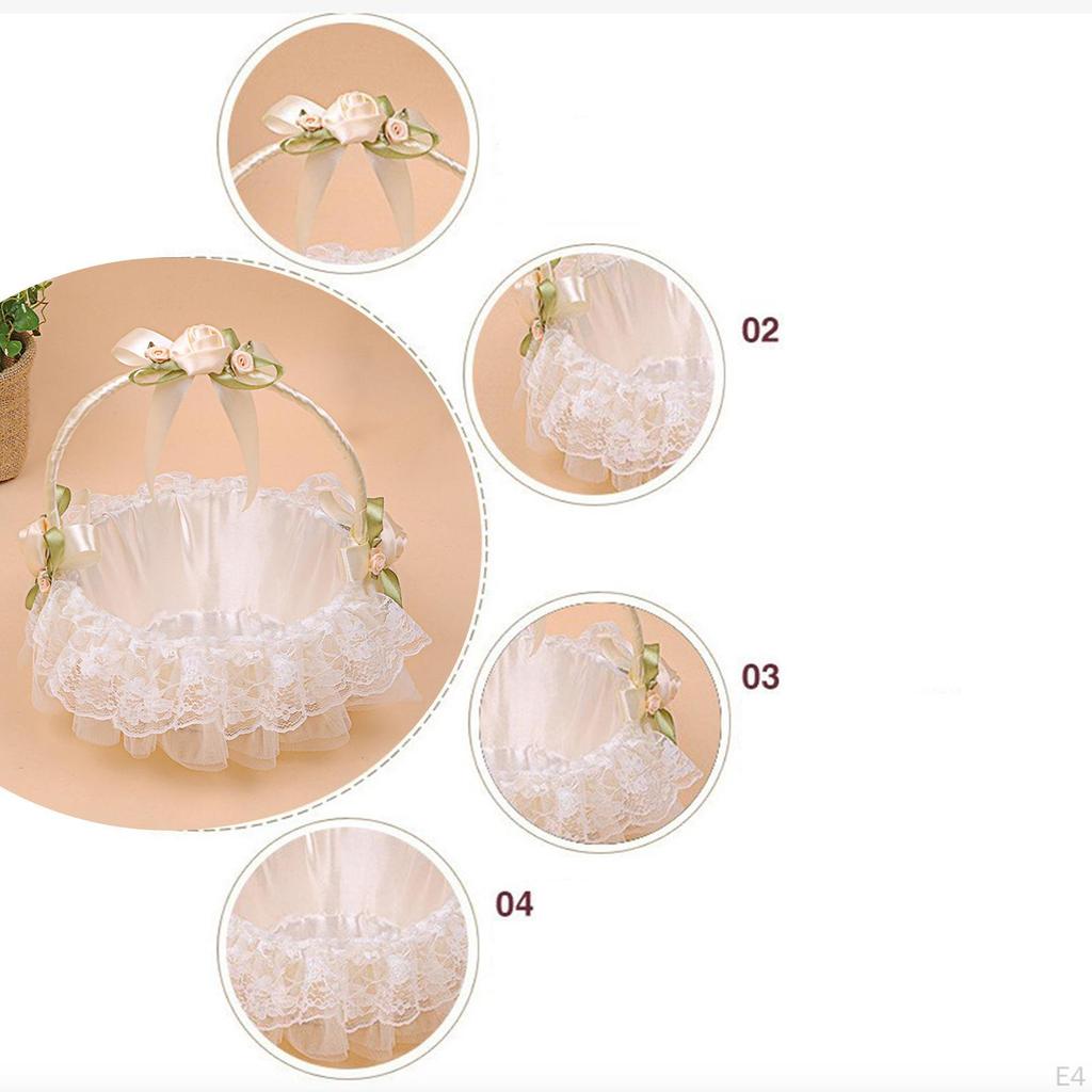 Basket with Ribbons for Flower Girls, Bowknot Design, Handle Included, Wedding Accessories