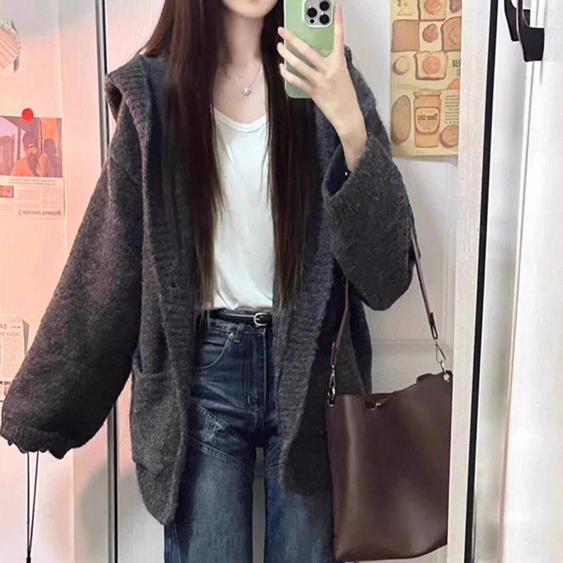 

Korean Gray Hooded Sweater Cardigan for Women: Autumn/Winter Thick, Loose, Slimming Knitted Top M (47-55 kg)