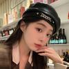 Korean Metal Chain Pu Leather Beret For Women Retro Solid Color Plain Color Octagonal Cap Girls Spring Autumn Flat Top Artist Painter Hat