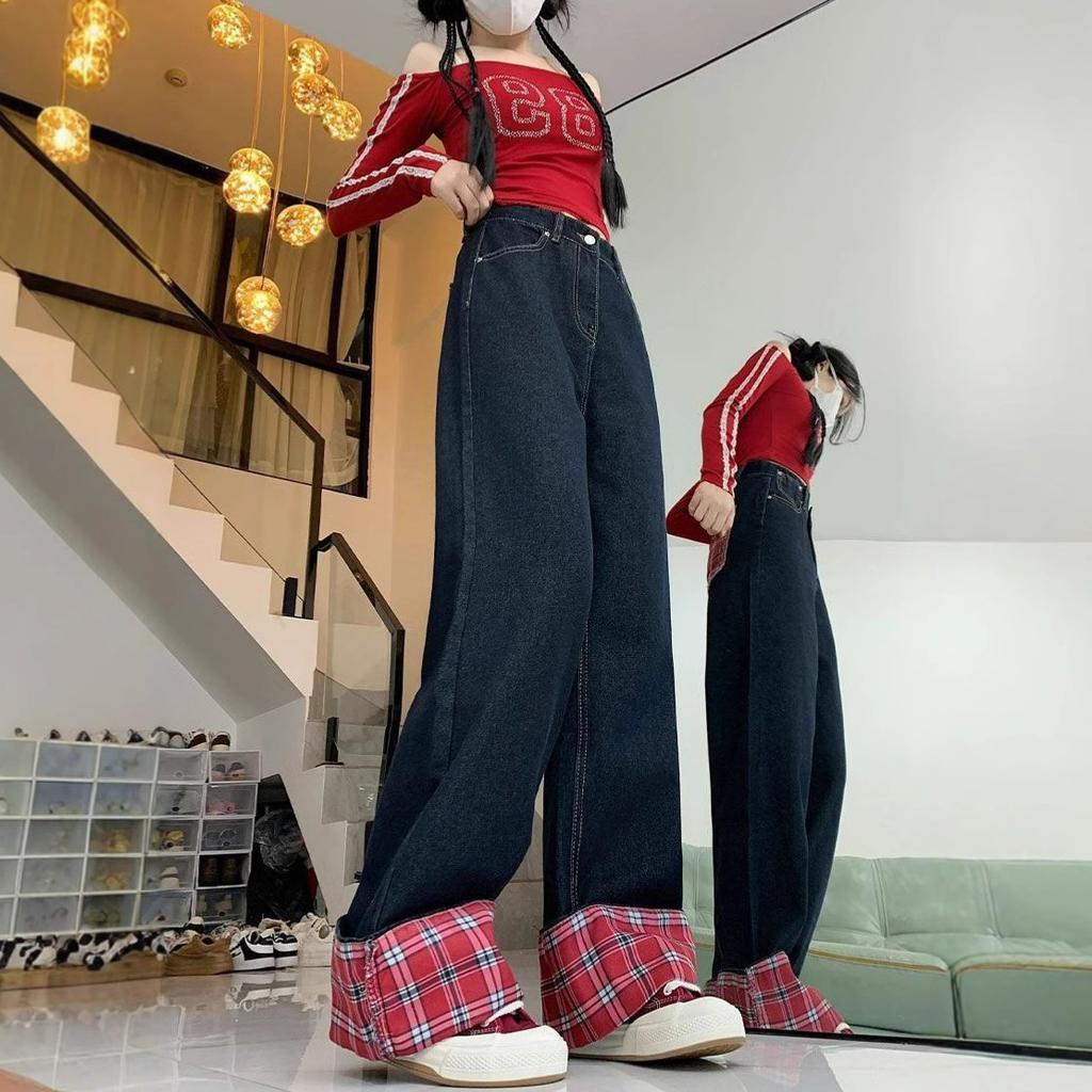 Comfortable Plaid Splicing Jeans Women Loose Large Yards To Cover Meat Retro Straight Wide Leg Long Trousers Jeans for Women Long Denim Pants