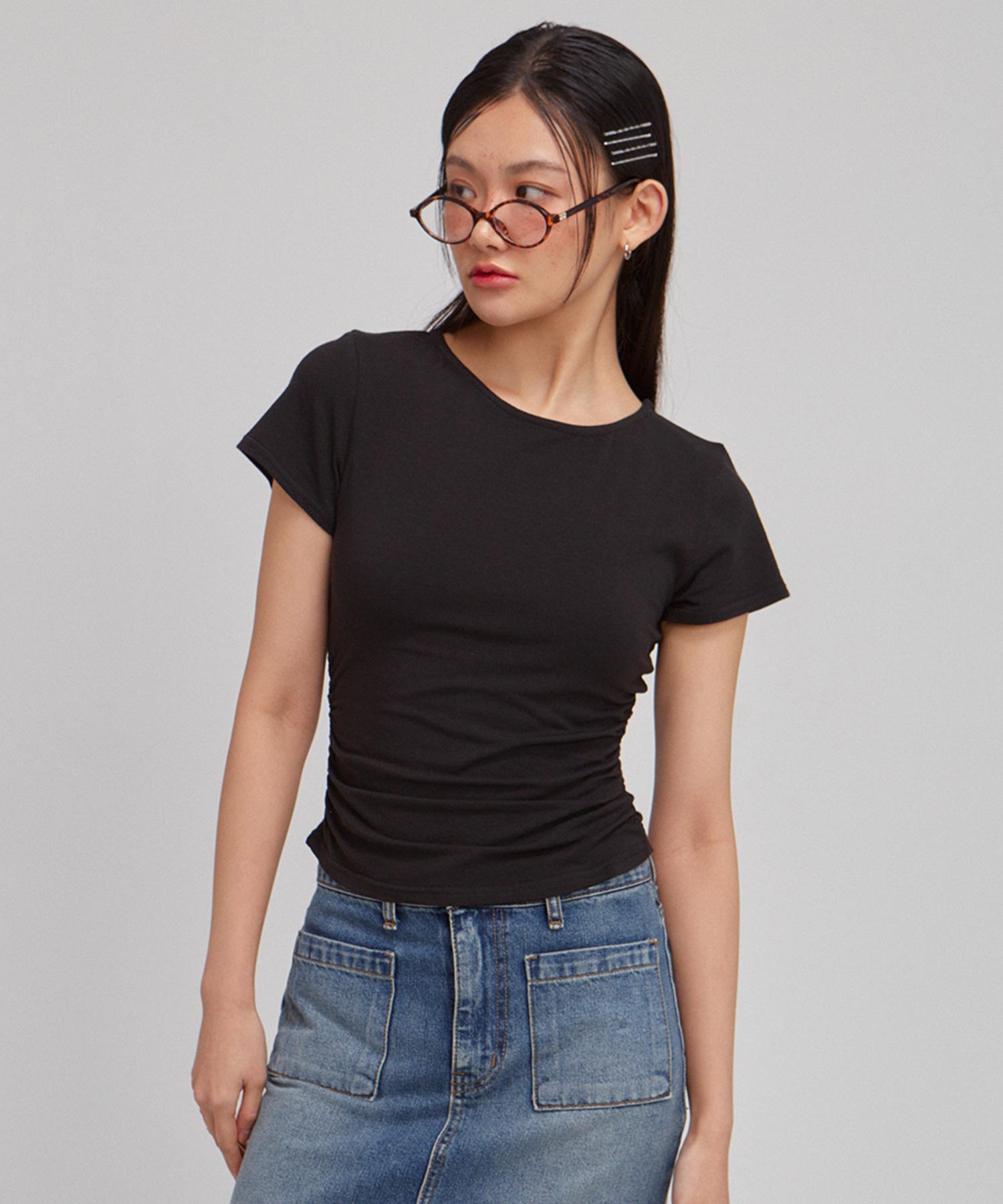 Salon De Yon Basic Shirring Short Sleeve T_ Black L