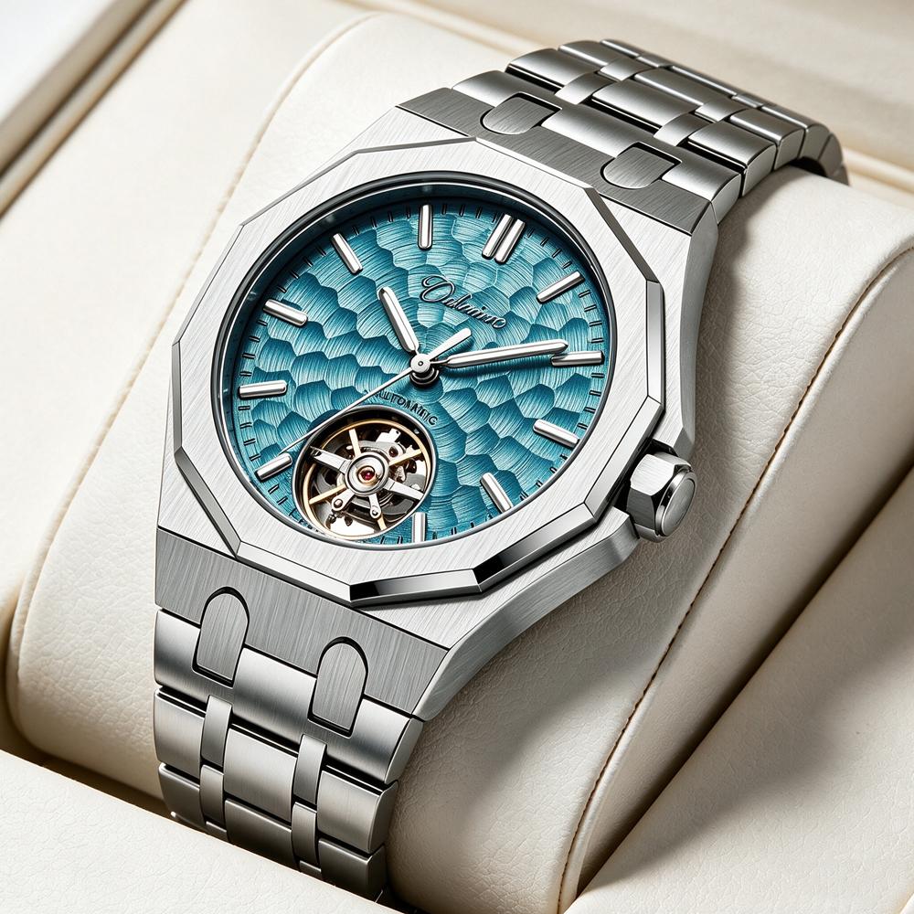 Luxury Octagon Automatic Watch for Men Textured Blue Dial Hollow Mechanical Wristwatch Steel Waterproof Tourbillon Mens Watch
