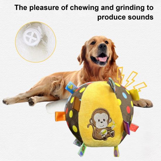 Dog Squeaky Plush Ball with Straps Stuffed Ball with Built-in Bell Pet Interactive Fetch Toy for Small Medium Large Dogs