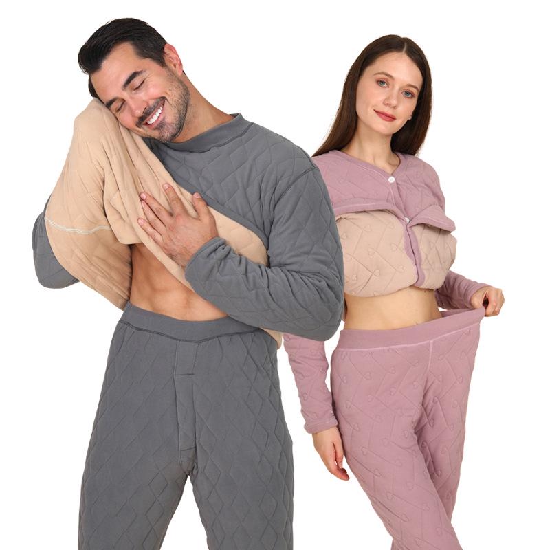 Set de lenjerie termică pentru bărbați: Bumbac super gros, cu trei straturi, cu căptușeală de catifea pentru protecție împotriva frigului de iarnă (600g)