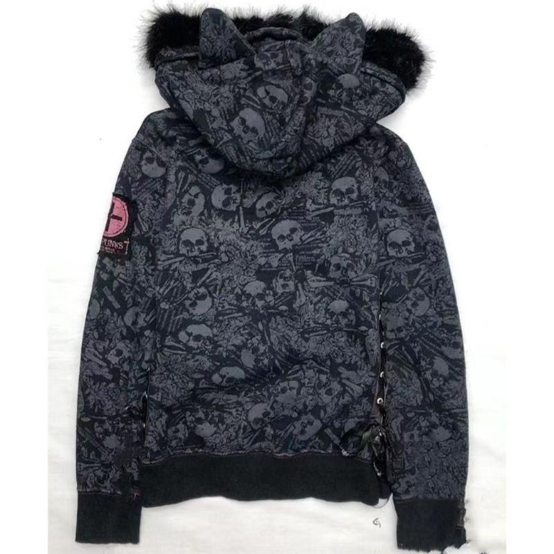 Millennium subculture ancient cat ear skull hooded personality wear fur collar coat punk autumn and winter zipper coat
