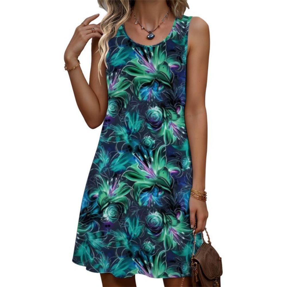 Summer Women's Fashionable Sleeveless Vest Dress Colorful Retro 3D Printing Casual Vacation Versatile Mini Dress