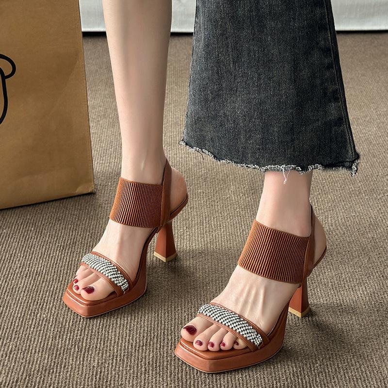 Women Fashion Sexy Chunky Square Toe Platform Pumps Sandals Women Summer New Elastic Rhinestone Platform Party Sandalias Mujer